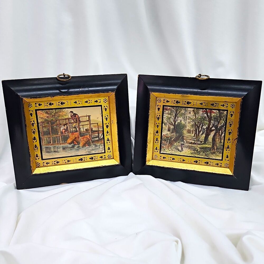 Sungott Art Studios Engraving Set of 2 Black/Gold Wood Vintage